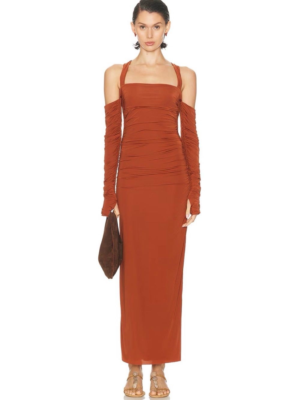 Rust Off-Shoulder Ruched Maxi Dress with Halter Straps & Detachable Sleeves